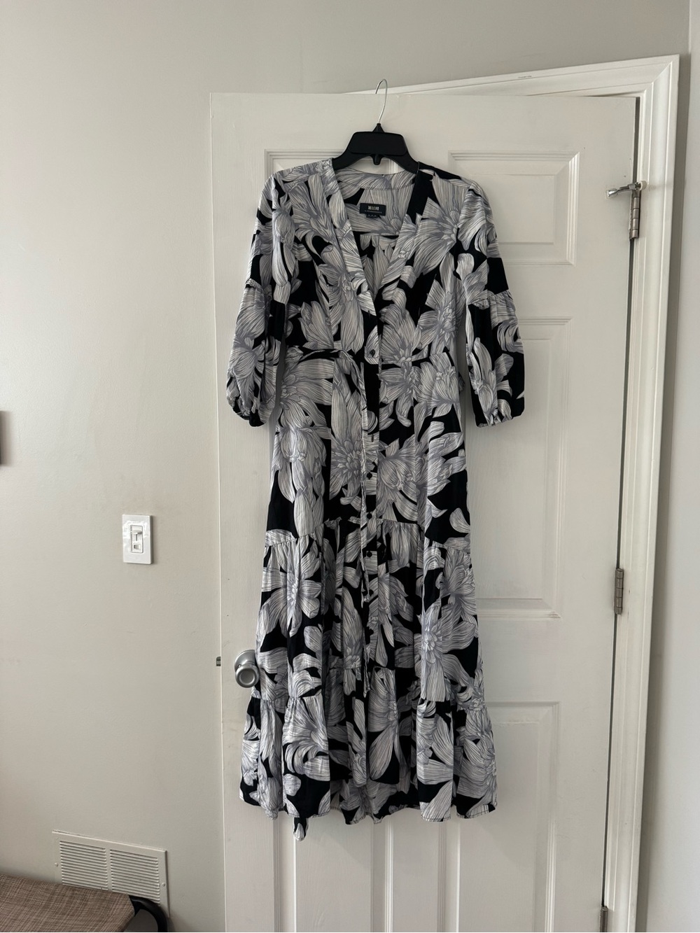 Anthropologie Black and White Floral Button-Front Midi Dress